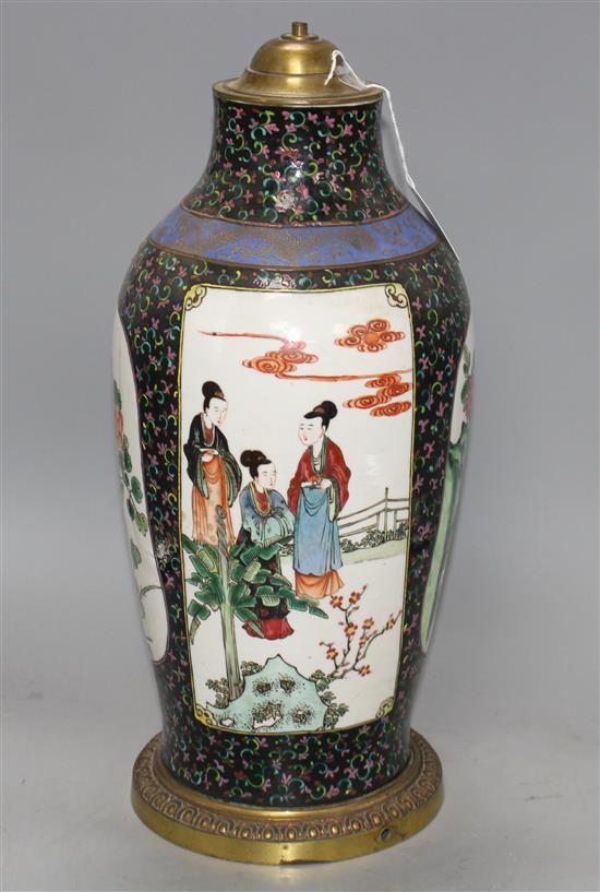 A Chinese enamelled porcelain vase, mounted as a table lamp, height overall 46cm, height of vase without mounts 40cm